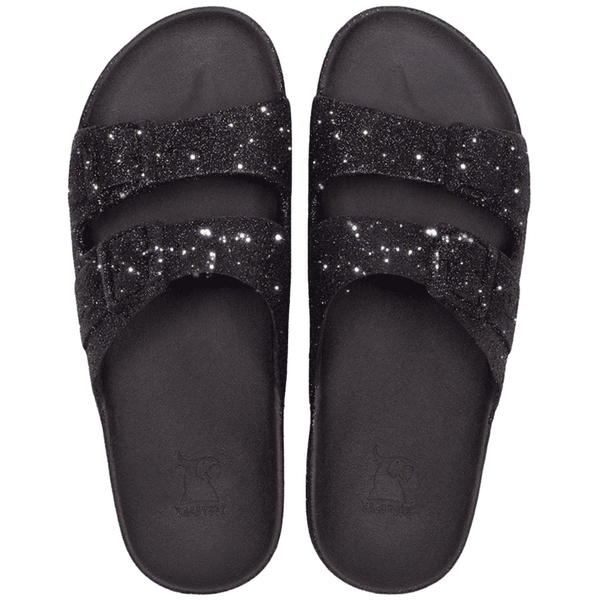 Sandales Cacatoès Trancoso Black Glitter – Élégantes et brillantes, parfaites pour un look chic et festif.