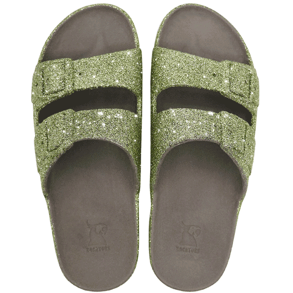 Trancoso Dark Kaki Glitter – Sandales Cacatoès en couleur kaki foncé avec paillettes, parfaites pour un look élégant et scintillant.