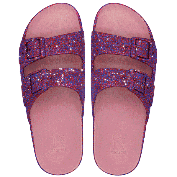 Trancoso Purple Glitter – Sandales Cacatoès en glitter violet, un choix brillant et tendance pour vos sorties estivales.